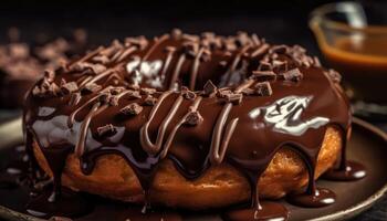 une fermer photo de le Chocolat enrobage sur le Donut. génératif ai