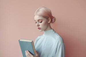 Jeune femme avec une livre dans pastel couleurs, établi avec génératif ai photo