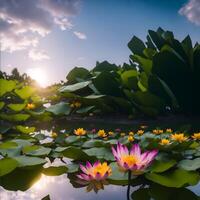 magnifique lotus fleur épanouissement dans le étang avec lumière du soleil. généré ai photo