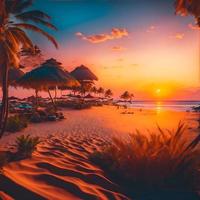 magnifique le coucher du soleil sur le tropical plage et mer avec noix de coco paume arbre - ancien filtre. produire ai photo