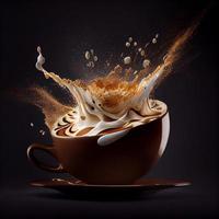 aromatique café éclabousser dans une cappuccino tasse sur broun Contexte. produire ai. photo