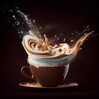 aromatique café éclabousser dans une cappuccino tasse sur broun Contexte. produire ai. photo