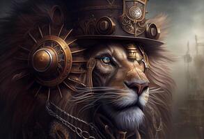 une Lion portant une steampunk chapeau et une steampunk masque, fantaisie art, steampunk. produire ai photo