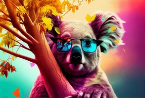 une grand koala portant des lunettes de soleil séance sur Haut de une arbre, le néofauvisme, coloré. produire ai photo