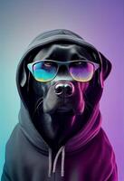 Créatif animal composition. noir Labrador dans déchiré sweatshirt à capuche, portant nuances lunettes de soleil monocle isolé. pastel pente Contexte. avec texte copie espace. produire ai photo