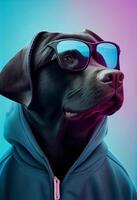 Créatif animal composition. noir Labrador dans déchiré sweatshirt à capuche, portant nuances lunettes de soleil monocle isolé. pastel pente Contexte. avec texte copie espace. produire ai photo