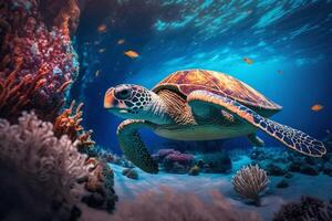 mer tortue nager dans le en dessous de mer , magnifique sous-marin et coloré corail dans sauvage la nature de le pacifique océan. produire ai photo