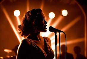 femelle le jazz chanteur sur étape pendant une concert illuminé par spectacle lumières. produire ai. photo