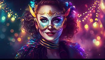 carnaval bannière mardi gras femme souriant avec vénitien masque nuit lumières copie espace. produire ai. photo