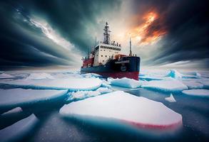 brise-glace pauses la glace buttes et la glace floes dans le Arctique océan. produire ai. photo