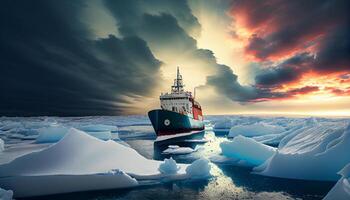 brise-glace pauses la glace buttes et la glace floes dans le Arctique océan. produire ai. photo