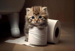 mignonne chaton dans le salle de bains déchiré une pile de toilette papier sur le sol. produire ai. photo