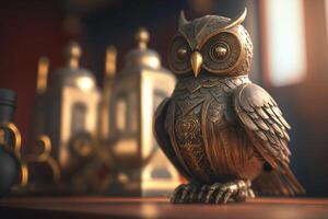 fermer de un hibou statue séance sur Haut de une en bois tableau, une 3d le rendu, cinétique art, steampunk. produire ai photo