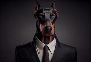 portrait de une chien dobermann habillé dans une formel affaires costume. produire ai photo