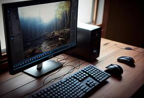 coup de une bureau ordinateur et clavier et Souris dans le Créatif moderne bureau.générer ai photo