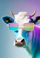 Créatif animal composition. vache portant nuances lunettes de soleil monocle isolé. pastel pente Contexte. avec texte copie espace. produire ai photo