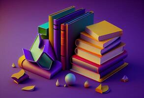 3d rendre de coloré livres collection sur violet Contexte. produire ai photo