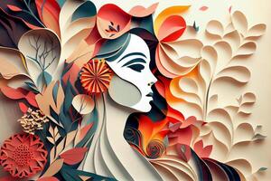 papier art , abstrait femme avec fleurs composition. produire ai photo