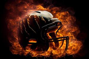 Football casque sur Feu sur noir Contexte. produire ai photo