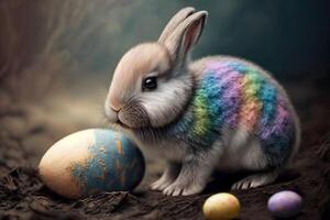 mignonne Pâques lapin avec une coloré Pâques œuf. produire ai photo