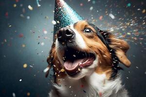 mignonne chien avec une fête chapeau célébrer sa anniversaire, confettis chute. produire ai photo