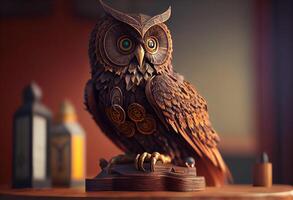 fermer de un hibou statue séance sur Haut de une en bois tableau, une 3d le rendu, cinétique art, steampunk. produire ai photo