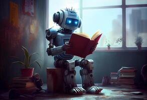 robot enfant en train de lire une livre , robot éducation une livre. produire ai photo