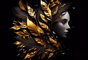 femme collage en dehors de noir et or feuilles. produire ai photo
