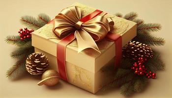 Noël décoration composition sur lumière or Contexte avec magnifique d'or cadeau boîte avec rouge ruban. produire ai. photo