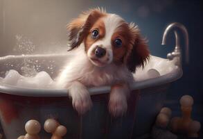 mignonne chiot chien dans baignoire , animaux domestiques nettoyage, studio tir. produire ai. photo