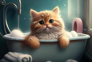 mignonne chat dans baignoire , animaux domestiques nettoyage. produire ai. photo