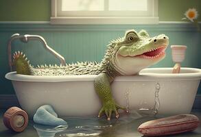 mignonne crocodile dans baignoire , animaux domestiques nettoyage. produire ai. photo