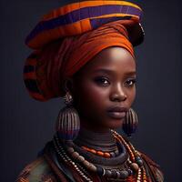 portrait réaliste graphique de un africain femme avec fort faciale Caractéristiques dans nationale vêtements - ai généré image photo