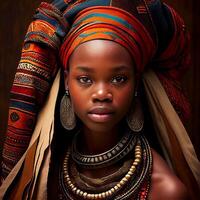 portrait réaliste graphique de un africain femme avec fort faciale Caractéristiques dans nationale vêtements - ai généré image photo