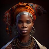 portrait réaliste graphique de un africain femme avec fort faciale Caractéristiques dans nationale vêtements - ai généré image photo