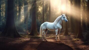 blanc cheval dans le champ ai généré photo