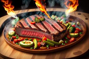 grillé du boeuf steak avec légume sur le flamboyant gril par ai généré photo