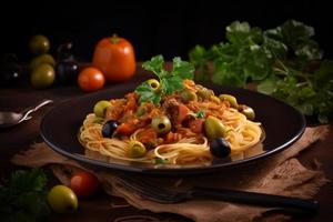 italien spaghetti des légumes Olives. produire ai photo