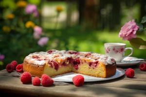 framboise gâteau dans jardin. produire ai photo