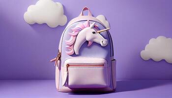 cool Licorne des gamins les filles cuir sac à dos avec décoratif des nuages et étoiles. produire ai. photo