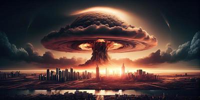 gros nucléaire explosion champignon nuage effet plus de ville horizon pour apocalyptique conséquences de nucléaire attacher . produire ai. photo