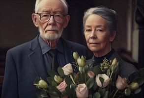 Sénior homme permanent avec attrayant femme en portant fleurs sur funérailles. produire ai. photo