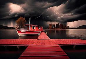 rouge en bois bateau sur le Lac près le en bois jetée avant le tempête. nuages orageux dans le ciel. produire ai. photo