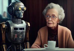personnes âgées femme est assis à une table avec une robot. produire ai. photo