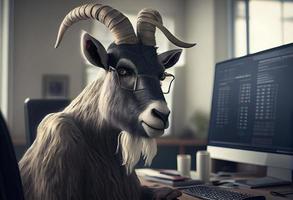 portrait de un anthropomorphe chèvre comme une développeur dans le bureau. produire ai. photo