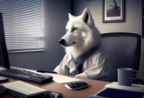 portrait de un anthropomorphe polaire Loup comme une développeur dans le bureau. produire ai. photo