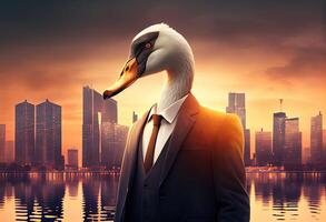 portrait de un anthropomorphe cygne habillé comme une homme d'affaire contre le toile de fond de une moderne ville à le coucher du soleil. produire ai. photo