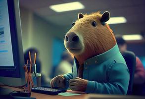 portrait de un anthropomorphe capybara comme une développeur dans le bureau. produire ai. photo