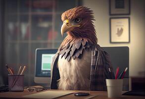 portrait de un anthropomorphe Aigle comme une développeur dans le bureau. produire ai. photo