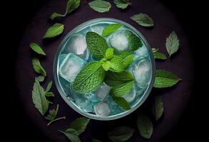 Haut vue de rafraîchissant menthe cocktail Mojito. produire ai. photo